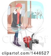 Poster, Art Print Of Happy Brunette White Woman Using A Snow Blower
