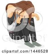 Depressed Brunette White Teenage Girl Crying Over Her Knees
