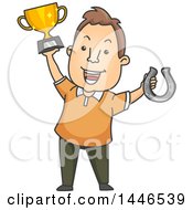 Cartoon Brunette White Man Holding Up A Winner Trophy And Horse Shoe