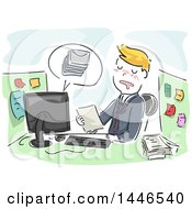 Poster, Art Print Of Sketched Cartoon Blond Business Man Sleeping At His Desk While Working On A Document