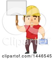 Cartoon Strong Brunette White Male Worker Holding A Tool Box And Blank Sign