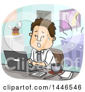 Cartoon Stressed Brunette White Business Man Working And Being Distracted