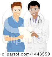 Happy Black Male Doctor Handing Results To A White Male Nurse Or Patient
