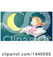 Poster, Art Print Of Sketched Happy Red Haired White Girl Flying On An Open Book Against A Night Sky