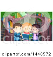 Poster, Art Print Of Group Of Three Children Reading A Magical Book In A Forest
