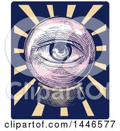 Clipart Of A Cross Hatching Sketched Styled Eye Looking Out Through A Crystal Ball Over Rays Royalty Free Vector Illustration by BNP Design Studio