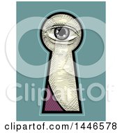 Clipart Of A Cross Hatching Sketched Styled Eye Looking Through A Key Hole Over Blue Royalty Free Vector Illustration