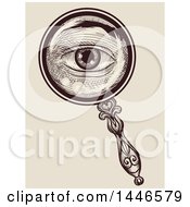 Clipart Of A Cross Hatching Sketched Styled Eye Looking Through A Magnifying Glass Over Beige Royalty Free Vector Illustration