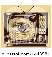 Poster, Art Print Of Cross Hatching Sketched Styled Eye Looking Through A Tv Set Over Yellow
