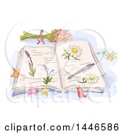 Poster, Art Print Of Sketched Open Book With Pressed Flowers