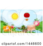 Clipart Of A Tomato Hot Air Balloon Over Carrot Radish Squash And Strawberry Houses Royalty Free Vector Illustration by BNP Design Studio