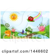 Clipart Of A Rainbow And Sun Over A Landscape Of Happy Fruits And Vegetables By A Stream Royalty Free Vector Illustration