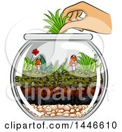 Hand Adding Grass To A Terrarium With Mushrooms And A Little Flower