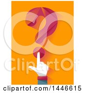 Clipart Of A Hand Pushing The Bottom Of A Question Mark Like A Button Over Orange Royalty Free Vector Illustration