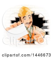 Clipart Of A 3d Male Mason Worker Giving A Thumb Up And Holding Out A Business Card Emerging From A Hole In A White Brick Wall On A White Background Royalty Free Illustration by Texelart