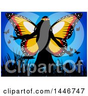 Clipart Of A Silhouetted Fairy Queen Wearing A Flower Crown Over Grasses Mushrooms And Butterflies On Blue Royalty Free Vector Illustration by elaineitalia