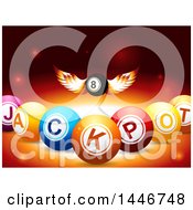 Clipart Of A 3d Winged Eight Ball Flying Over Jackpot Lottery Balls And Flares Royalty Free Vector Illustration