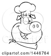 Cartoon Clipart Of A Black And White Lineart Winking Chef Pig Wearing A Bandana And Toque Hat Royalty Free Vector Illustration by Hit Toon
