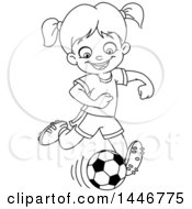 Poster, Art Print Of Cartoon Black And White Lineart Girl Playing Soccer