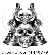 Clipart Of A Black And White Engraved Skull Asian Samurai Mask Royalty Free Vector Illustration by AtStockIllustration