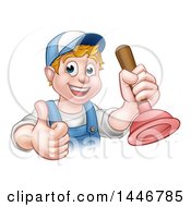Poster, Art Print Of Cartoon Happy White Male Plumber Holding A Plunger And Giving A Thumb Up
