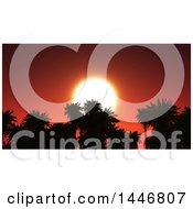 Poster, Art Print Of 3d Red Sunset Behind Silhouetted Tops Of Palm Trees