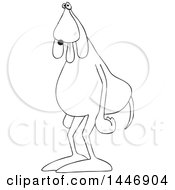 Clipart Of A Cartoon Black And White Lineart Tired Dog Standing Upright With His Tongue Hanging Out Royalty Free Vector Illustration