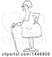 Poster, Art Print Of Cartoon Black And White Lineart Old Lady Standing With A Cane Holding Her Back