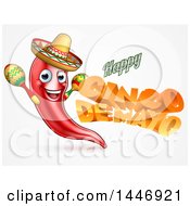 Poster, Art Print Of 3d Orange Happy Cinco De Mayo Text With A Chile Pepper Character Wearing A Sombrero And Playing Maracas