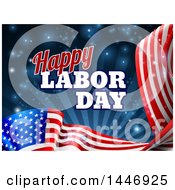 Clipart Of A 3d Waving Long American Flag With Rays And Flares Under Happy Labor Day Text Royalty Free Vector Illustration