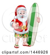 Poster, Art Print Of Thumb Up Summer Santa Claus With Shorts Sandals And A Surf Board