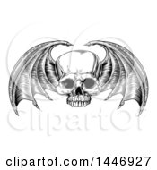 Clipart Of A Black And White Woodcut Etched Or Engraved Bat Or Dragon Winged Skull Royalty Free Vector Illustration