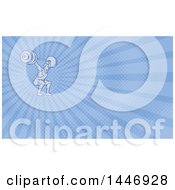 Clipart Of A Mono Line Styled Strongman Bodybuilder Lifting A Barbell Over His Head And Doing Squats And Blue Rays Background Or Business Card Design Royalty Free Illustration
