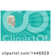 Mono Line Styled Bust Of Plato In Profile And Turquoise Rays Background Or Business Card Design
