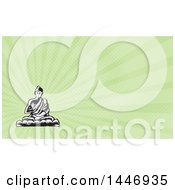 Poster, Art Print Of Black And White Retro Woodcut Buddha Sitting In The Lotus Position And Green Rays Background Or Business Card Design