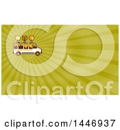 Poster, Art Print Of Retro Brew Tour Bus With Glasses On The Roof And A City Skyline In The Windows And Green Rays Background Or Business Card Design