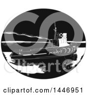 Retro Engraved Or Woodcut Styled River Tugboat In Black And White
