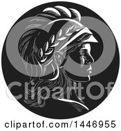 Clipart Of A Retro Engraved Or Woodcut Styled Profile Bust Of Minerva Or Menrva The Roman Goddess Of Wisdom In Black And White Royalty Free Vector Illustration by patrimonio