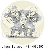 Sketched Political Cartoon Of Two Puppeteers Fighting And Wrestling Control Over One Puppet