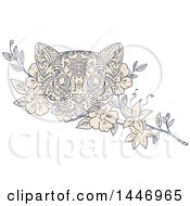 Sketched Mandala Styled Cat Face And Jasmine Flowers
