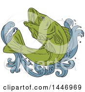 Clipart Of A Sketched Drawing Styled Jumping Rockfish And Rough Water Royalty Free Vector Illustration