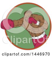 Clipart Of A Sketched Drawing Styled Black Male Boxer Doing A Right Hook Punch In A Green Circle Royalty Free Vector Illustration