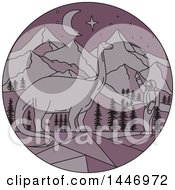 Clipart Of A Sketched Mono Line Styled Astronaut Pointing To A Brontosaurus Dinosaur In A Circle With Mountains Royalty Free Vector Illustration