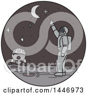 Poster, Art Print Of Sketched Mono Line Styled Astronaut On A Foreign Planet Pointing Up At The Moon And Stars