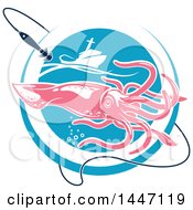 Poster, Art Print Of Pink Squid In A Blue Circle With Hooks And A Boat