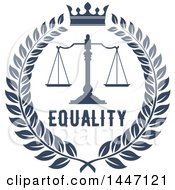 Poster, Art Print Of Navy Blue Laurel Wreath With Legal Scales Of Justice With A Crown And Equality Text
