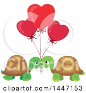 Poster, Art Print Of Cute Turtle Valentine Couple Under Heart Balloons
