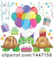 Clipart Of A Cute Tortoise Turtle Couple Celebrating A Birthday Party Royalty Free Vector Illustration