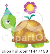 Poster, Art Print Of Cute Party Tortoise Turtle Wearing A Party Hat With A Flower On His Shell