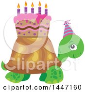 Poster, Art Print Of Cute Party Tortoise Turtle Wearing A Party Hat With A Birthday Cake On His Shell
